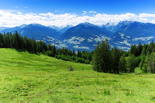 Panoramic view of summer mountain scenery in the Alps. Austria, Tyrol.