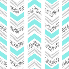 Herringbone abstract seamless pattern in memphis style. blue, black and white arrows in retro 80s design.