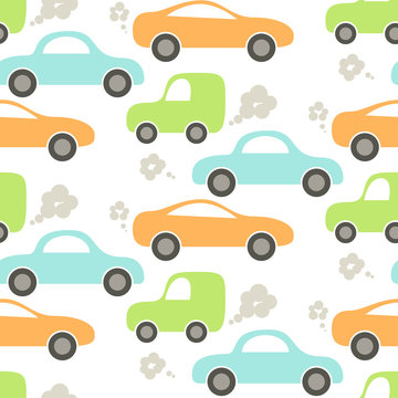 Car cute baby vector seamless pattern. Kid fabric and apparel design. Blue, green and orange cute cars pattern.