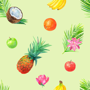 Watercolor tropical seamless pattern with tropical fruit, pineapple, bananas, oranges, apples, palm leaves, lotus flower on green background, watercolor painting, illustration in vintage style