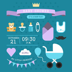 Baby shower invitation template for baby boy with baby care accessories icons. Colored flat vector illustration.