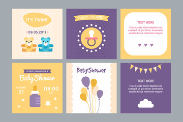 A set of templates for baby shower invitation and post card. Colored flat vector illustration.
