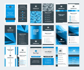 Set of modern creative business card templates. Blue and black colors. Vertical business cards. Flat style vector illustration. Stationery design