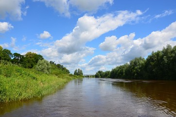 Fototapeta na wymiar Fluss fließt durch grüne Sommerlandschaft - Flusslandschaft