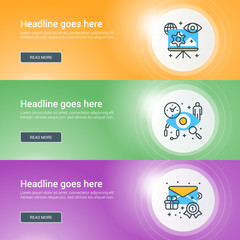 Set of flat line business website banner templates. Vector illustration. Modern thin line icons in circle with lights effect