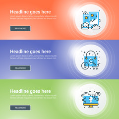 Set of flat line business website banner templates. Vector illustration. Modern thin line icons in circle with lights effect