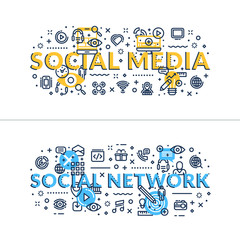 Social Media nad Social Network headings, titles. Horizontal colored flat vector illustration.