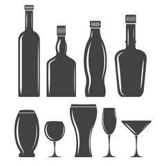 Set of glasswear icons. Black logo elements, flat vector illustration isolated on white background.