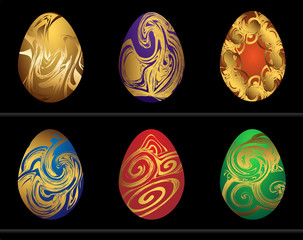 Easter eggs assorted colors with gold painted. Vector illustration.