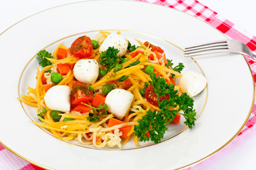 Warm Salad of Noodles, Pumpkin, Carrots, Peas with Cherry Tomato