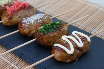 japanese cuisine, chicken meat ball Yakitori Tsukune.