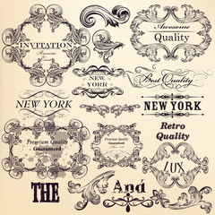 Collection of vector hand drawn flourishes in engraved style