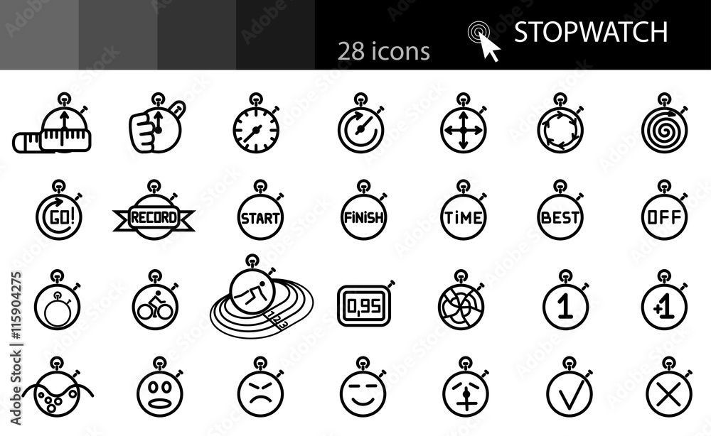 Poster stopwatch set in a linear style icons
