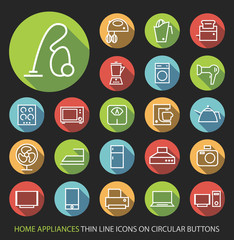 Set of Elegant Universal White Home Appliances Minimalistic Isolated Thin Line Icons on Circular Colored Buttons on Black Background.