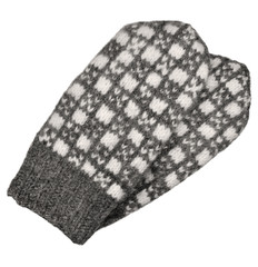 Gray mitten pair isolated, grey white textured woolen mittens pattern, knitted warm wool winter fingerless gloves detail, large detailed vintage texture macro closeup