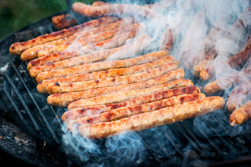 Meat sausages roasted on the grill