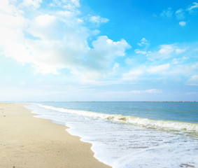 World environment day concept: Beach scene concept: Blue sky with clouds and tropical sea background
