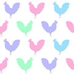 Seamless pattern background with roosters. Symbol of 2017 year. Colorful roosters on white background. Rooster silhouette icon.