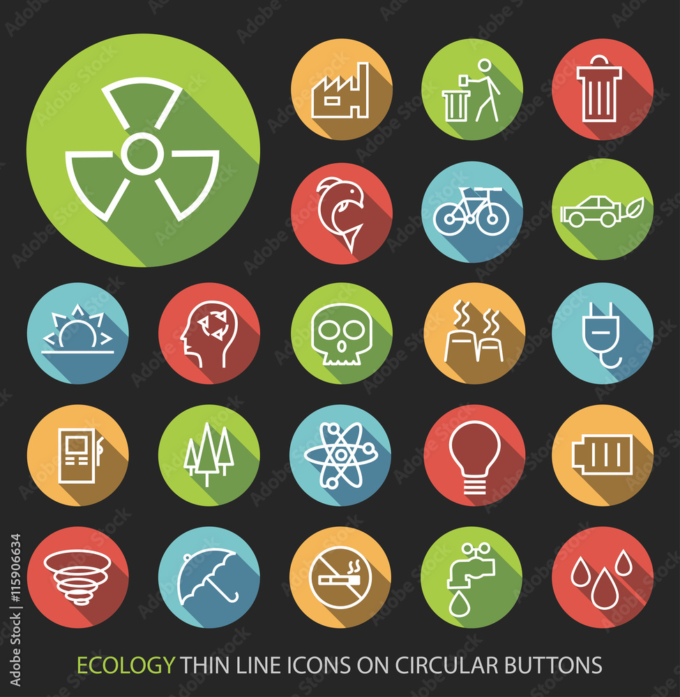 Poster set of elegant universal white ecology minimalistic thin line icons on circular colored buttons on b