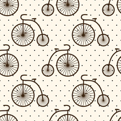 Retro bicycle seamless pattern on polka dot background. Vintage transport illustration. Old bike background.