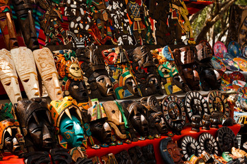 Different wooden souvenirs at the local Mexican market