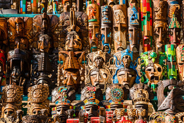 Different wooden souvenirs at the local Mexican market