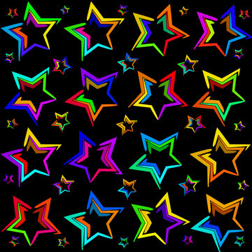 Neon bright stars. The pattern and the background of the stars on a black background
