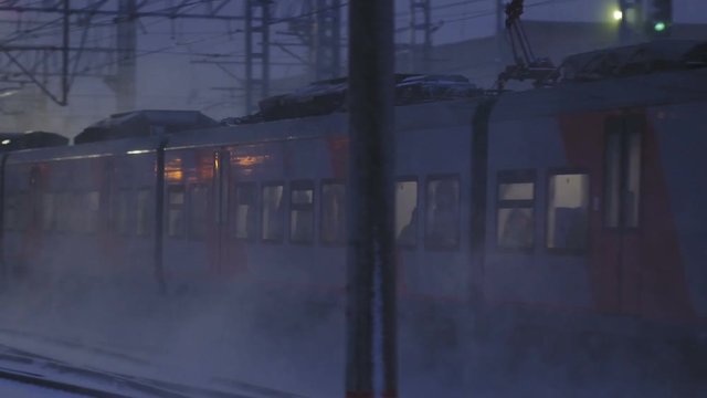 Runaway train in a snow blizzard (slow motion)