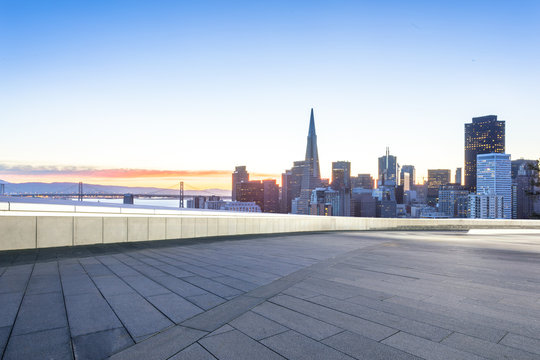 empty floor with cityscape and skyline of san francisco at sunri