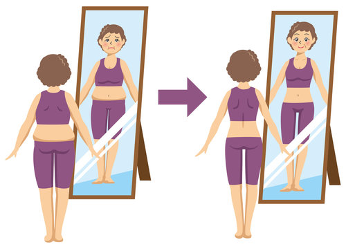 ダイエットをしている中年女性が鏡を見ているイメージイラスト（ビフォーアフターセット）