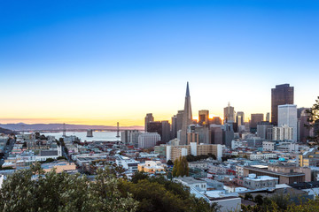 cityscape and skyline of san francisco at sunrise
