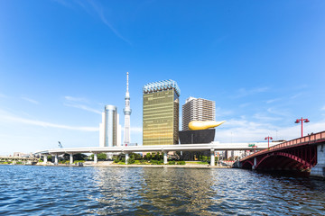 Obraz premium bridge,water,modern buildings and tokyo tower in blue sky