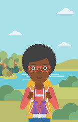 Cheerful traveler with backpack.