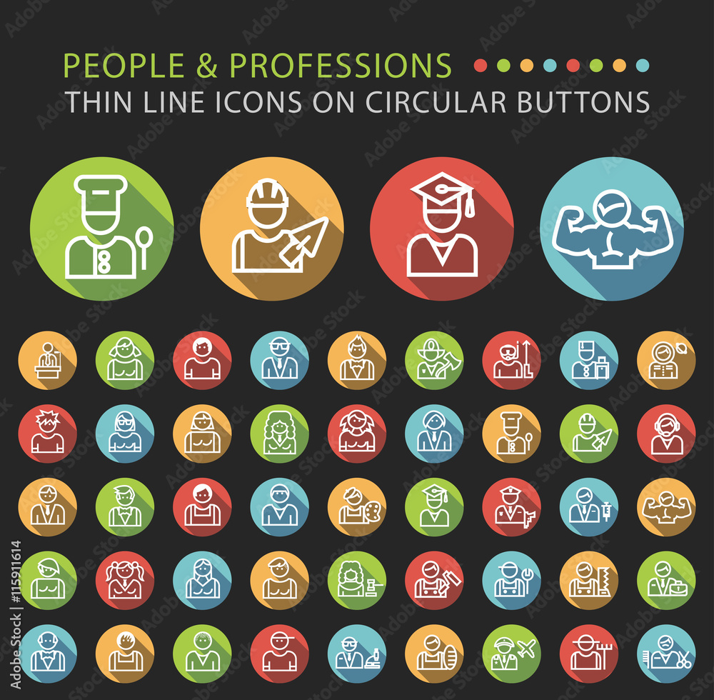 Poster set 45 elegant universal white people and professions minimalistic thin line icons on circular color