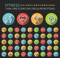 Set 45 Elegant Universal White Fitness Minimalist Thin Line Icons on Circular Colored Buttons on Black Background.