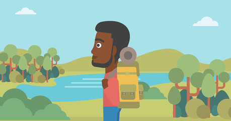 Man with backpack hiking vector illustration.