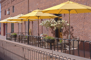 Yellow umbrellas in an outdoor caffe Wala Wala WA.