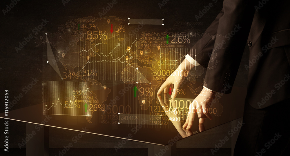 Poster hands navigate on high tech smart table with business icons