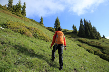 Naklejka premium young woman backpacker hiking on beautiful mountain peak trail