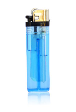 A used blue butane lighter standing on end on a white background