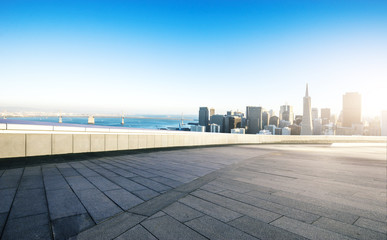 empty floor with cityscape and skyline of san francisco at sunri