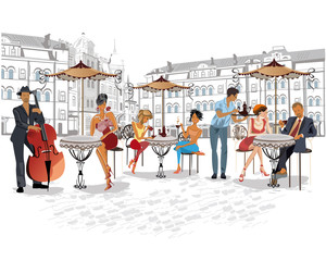 Series of fashion people, men and women, sitting and drinking coffee in the street cafe.