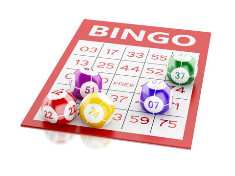 3d Red bingo card with colorful balls.