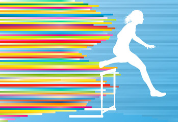 Female athlete jumping over hurdles, overcoming obstacles vector