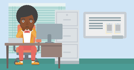 Tired woman sitting in office vector illustration.