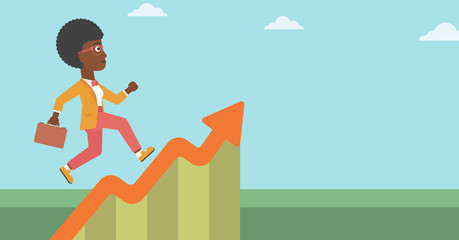 Business woman running along the growth graph.