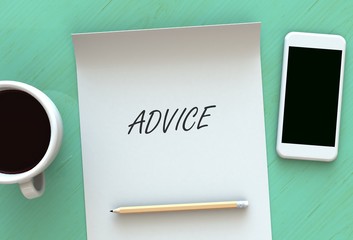 ADVICE, message on paper, smart phone and coffee on table, 3D rendering