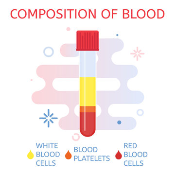 Composition of blood. Elements of blood in a test tube- white cells, red cells and platelets. Medical and scientific concept. Vector illustration.

