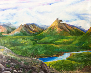 Summer mountain landscape with river. Oil painting.