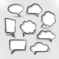 A set of comic bubbles with halftone shadows.